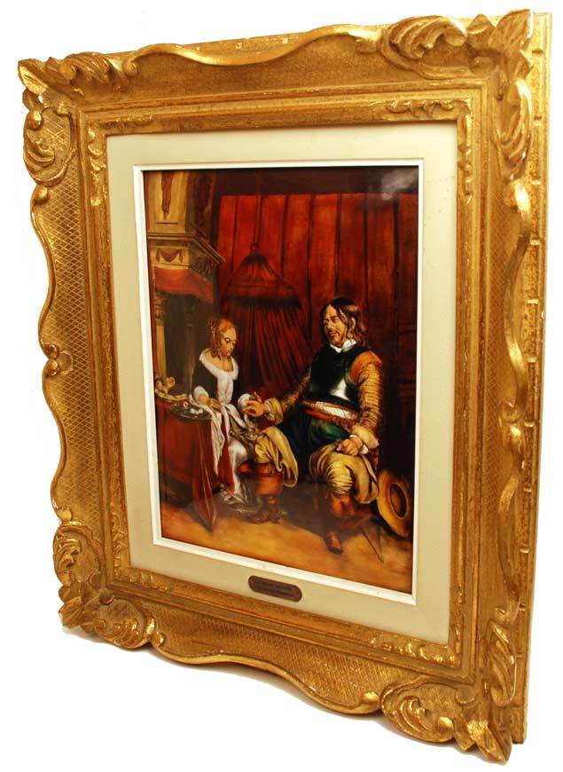 Large Hand Painted Limoges Enamel Wall Plaque "Le Galant Militaire" (artist unknown) after Terborche Large Hand Painted Limoges Enamel Wall Plaque "Le Galant Militaire" (artist unknown) after Terborche