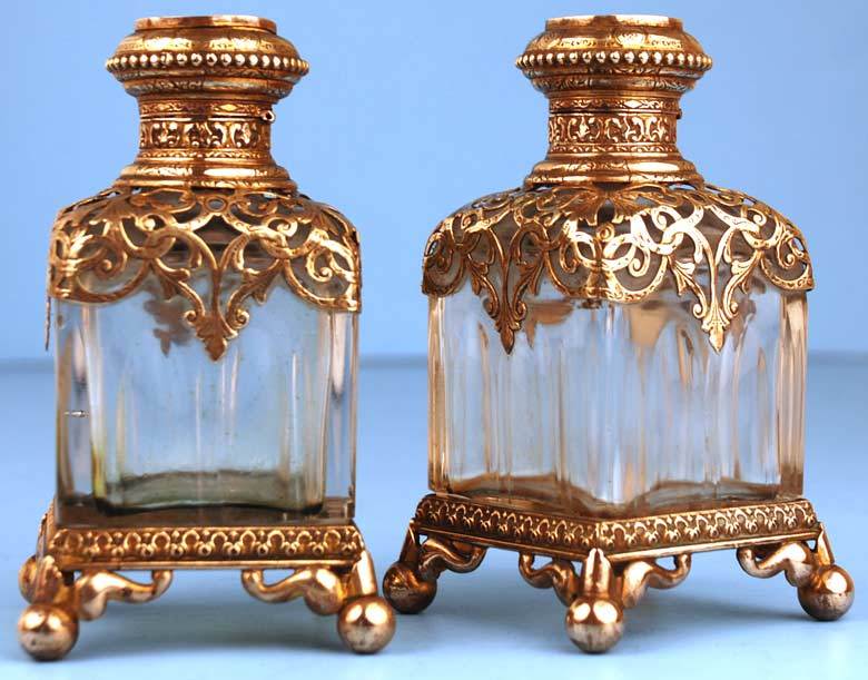 Pair of Nineteenth Century "Palais Royal" French Silver and Glass Scent Bottles w/ Reticulated Ormolu Pair of Nineteenth Century "Palais Royal" French Silver and Glass Scent Bottles w/ Reticulated Ormolu