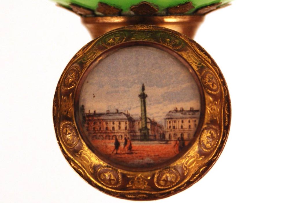 Antique Nineteenth Century Green French Opaline Scent Bottle w/Eglomise Scene Antique Nineteenth Century Green French Opaline Scent Bottle w/Eglomise Scene