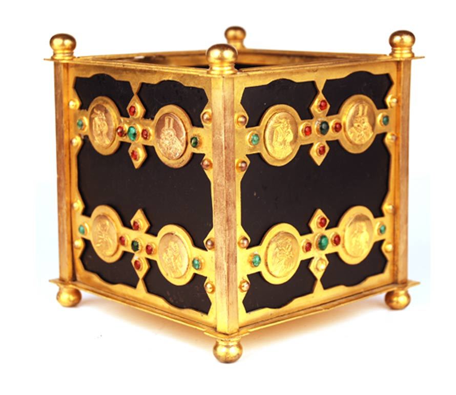 Antique Gilded Bronze Cache Pot w/Engraved Medallions and Glass Stones Antique Gilded Bronze Cache Pot w/Engraved Medallions and Glass Stones