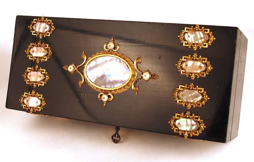 Antique French Desk Box w/Mother of Pearl Medallions and Bronze Doré Ormolu Antique French Desk Box w/Mother of Pearl Medallions and Bronze Doré Ormolu