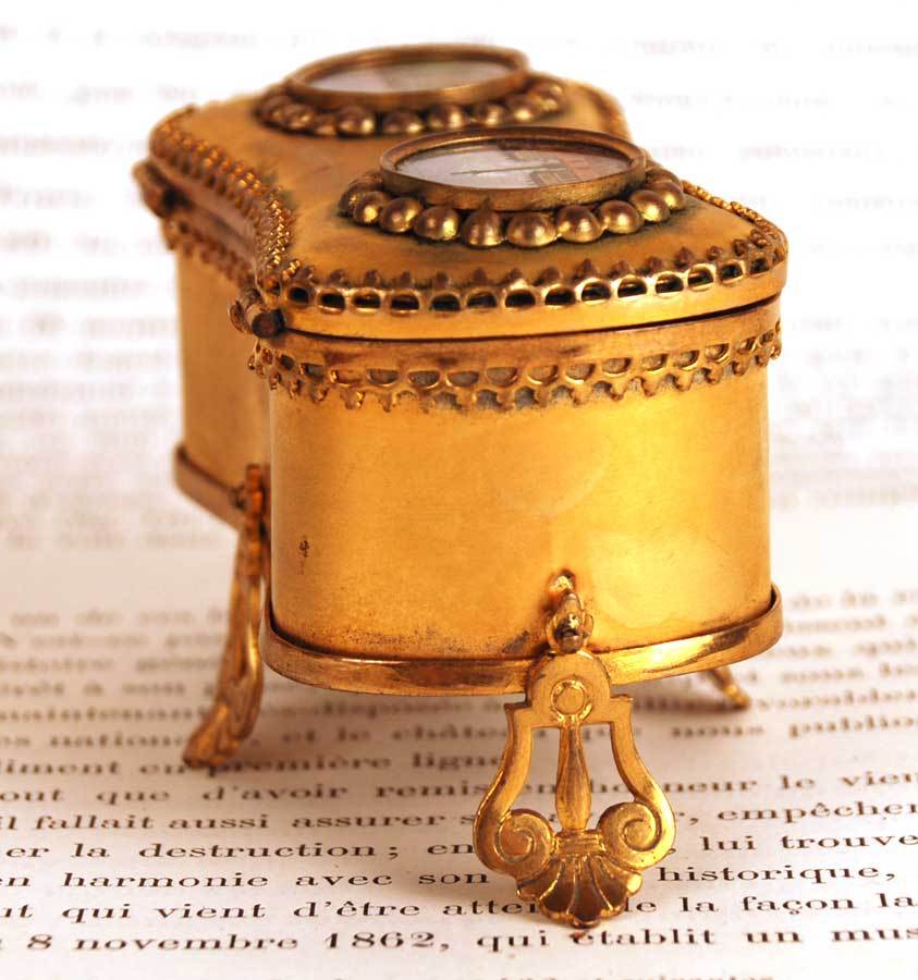 Antique Nineteenth Century French Gilded Trinket Box w/Eglomise Scenes Antique Nineteenth Century French Gilded Trinket Box w/Eglomise Scenes