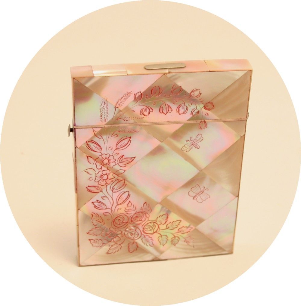 Antique Card Case Carte de Visite Mother of Pearl Etched Carved Pink Butterfly Dragon Fly Antique Card Case Carte de Visite Mother of Pearl Etched Carved Pink Butterfly Dragon Fly
