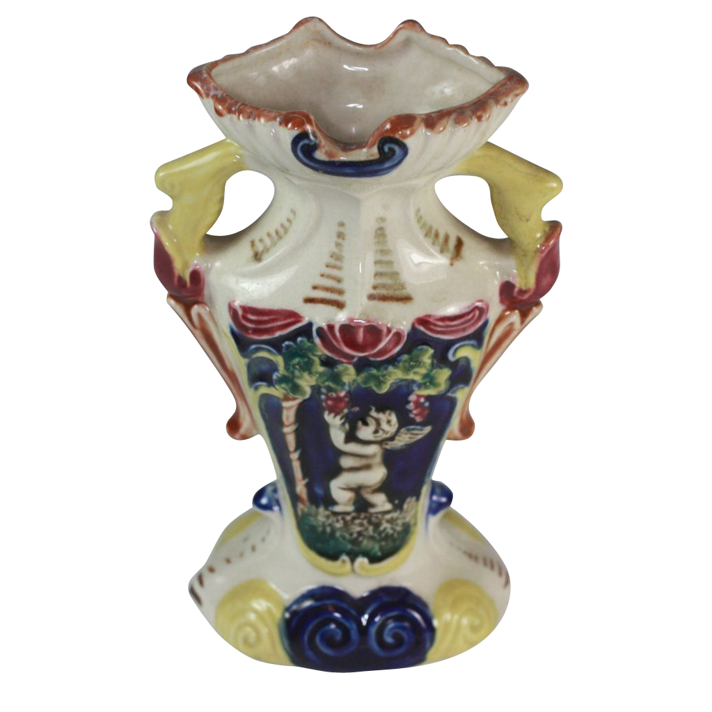 1930's Majolica Colorful Two Handled Urn Vase with Cherubs/Putti 1930's Majolica Colorful Two Handled Urn Vase with Cherubs/Putti