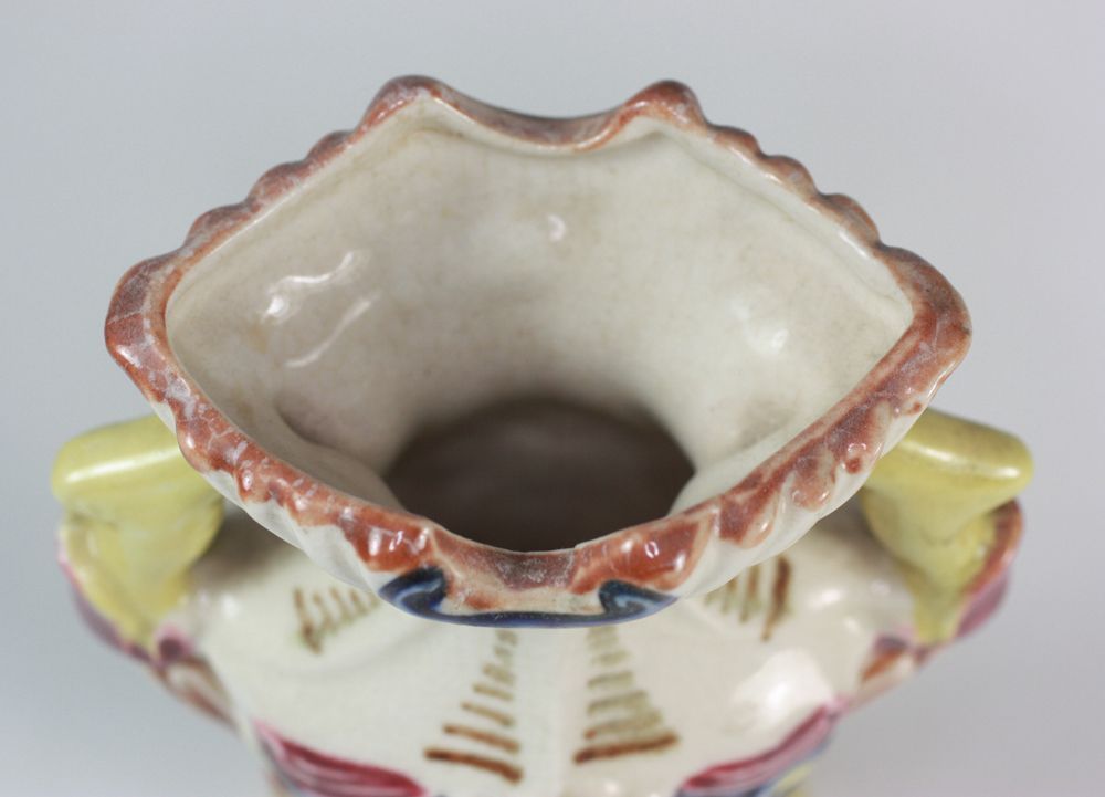 1930's Majolica Colorful Two Handled Urn Vase with Cherubs/Putti 1930's Majolica Colorful Two Handled Urn Vase with Cherubs/Putti