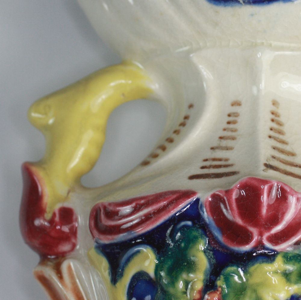 1930's Majolica Colorful Two Handled Urn Vase with Cherubs/Putti 1930's Majolica Colorful Two Handled Urn Vase with Cherubs/Putti