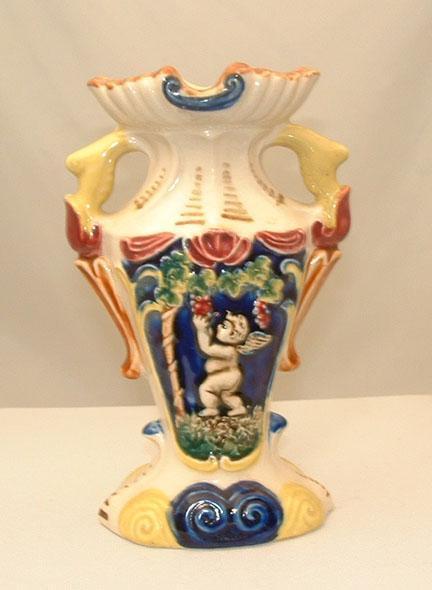 1930's Majolica Colorful Two Handled Urn Vase with Cherubs/Putti 1930's Majolica Colorful Two Handled Urn Vase with Cherubs/Putti