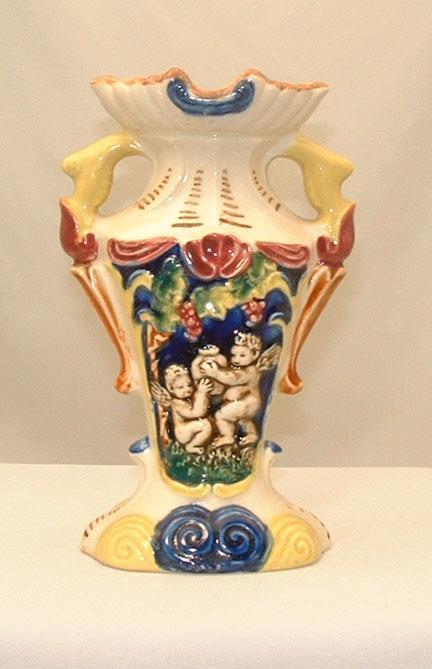 1930's Majolica Colorful Two Handled Urn Vase with Cherubs/Putti 1930's Majolica Colorful Two Handled Urn Vase with Cherubs/Putti