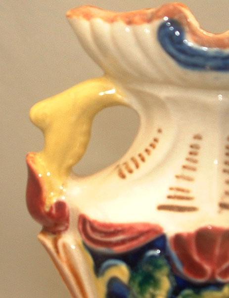 1930's Majolica Colorful Two Handled Urn Vase with Cherubs/Putti 1930's Majolica Colorful Two Handled Urn Vase with Cherubs/Putti