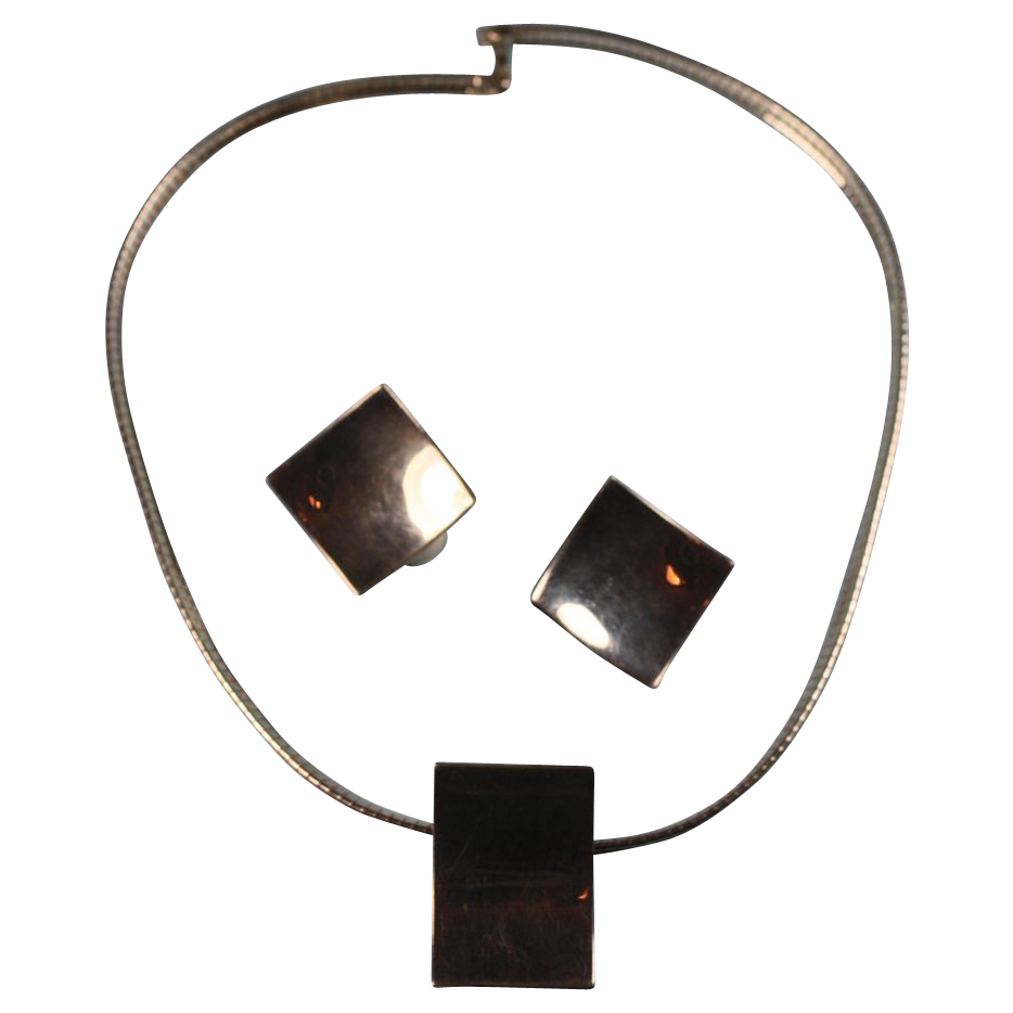 Vintage Sterling Modernist Necklace and Earrings Demi-Parure Set Vintage Sterling Modernist Necklace and Earrings Demi-Parure Set