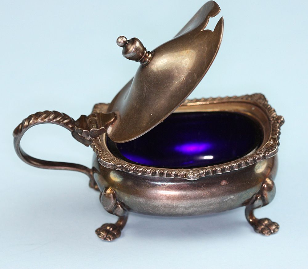 English Silver Plate Mustard Pot with Cobalt Glass Liner English Silver Plate Mustard Pot with Cobalt Glass Liner