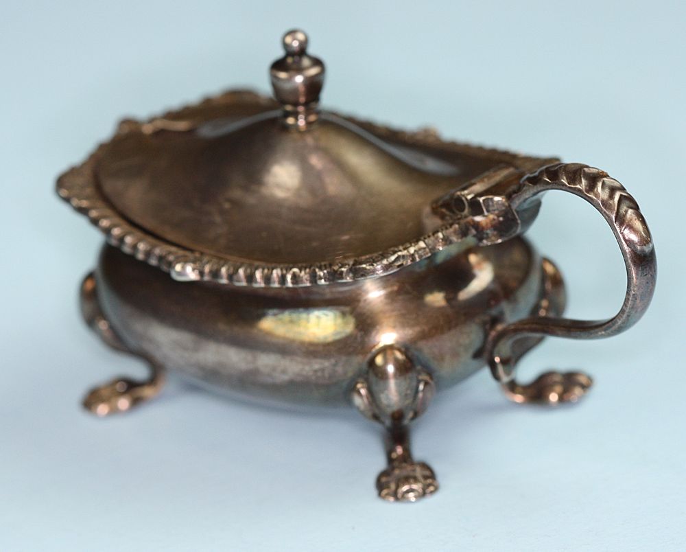 English Silver Plate Mustard Pot with Cobalt Glass Liner English Silver Plate Mustard Pot with Cobalt Glass Liner