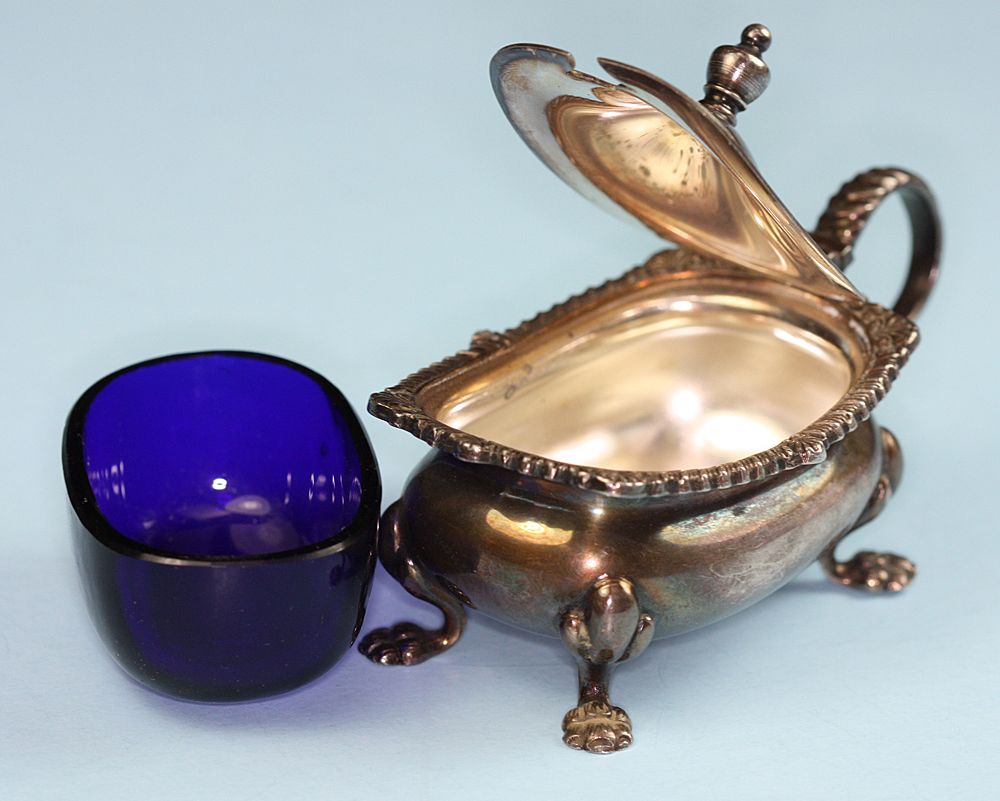 English Silver Plate Mustard Pot with Cobalt Glass Liner English Silver Plate Mustard Pot with Cobalt Glass Liner