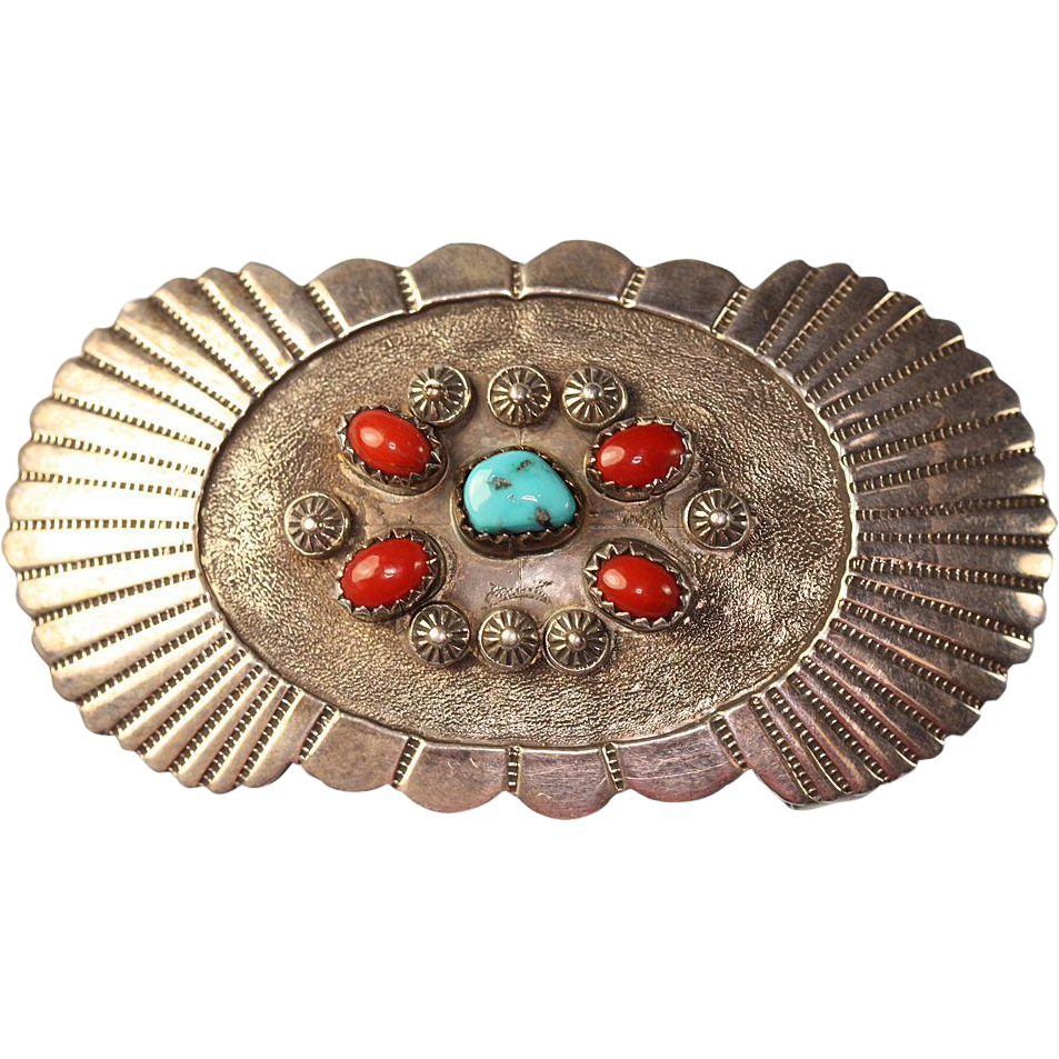 Signed NA Southwestern Sterling Turquoise and Coral Belt Buckle Tsosie/Tom Signed NA Southwestern Sterling Turquoise and Coral Belt Buckle Tsosie/Tom