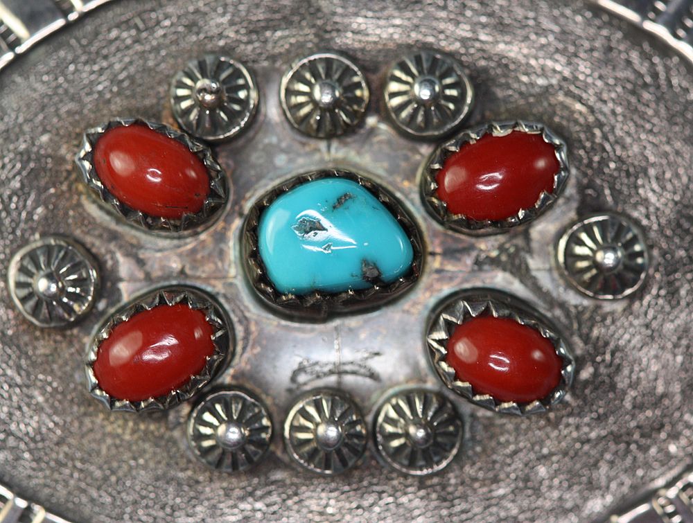 Signed NA Southwestern Sterling Turquoise and Coral Belt Buckle Tsosie/Tom Signed NA Southwestern Sterling Turquoise and Coral Belt Buckle Tsosie/Tom