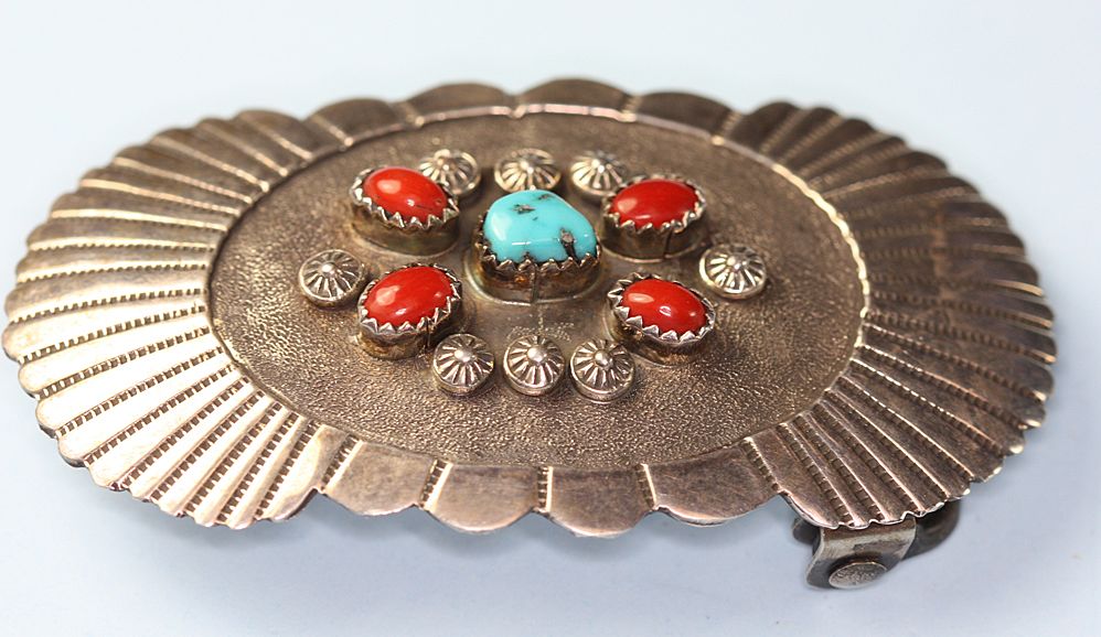 Signed NA Southwestern Sterling Turquoise and Coral Belt Buckle Tsosie/Tom Signed NA Southwestern Sterling Turquoise and Coral Belt Buckle Tsosie/Tom