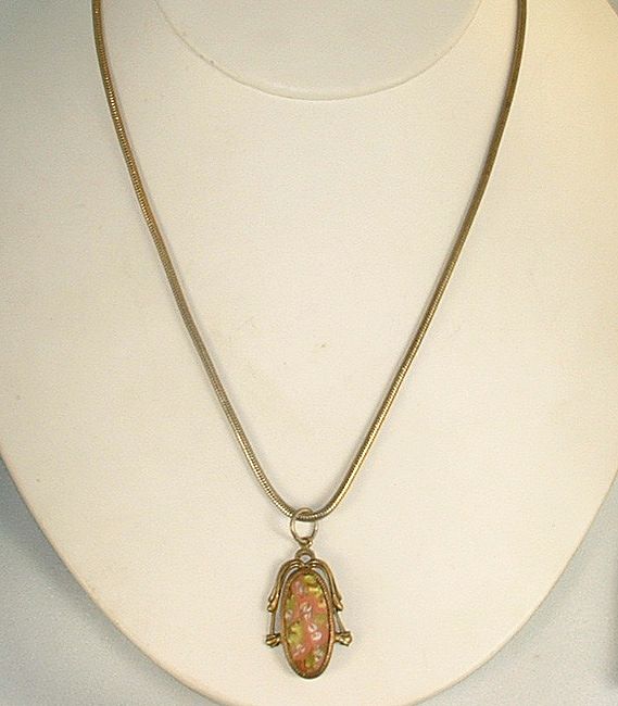Art Nouveau Venetian Glass Gold Tone Pendant Necklace Art Nouveau Venetian Glass Gold Tone Pendant Necklace