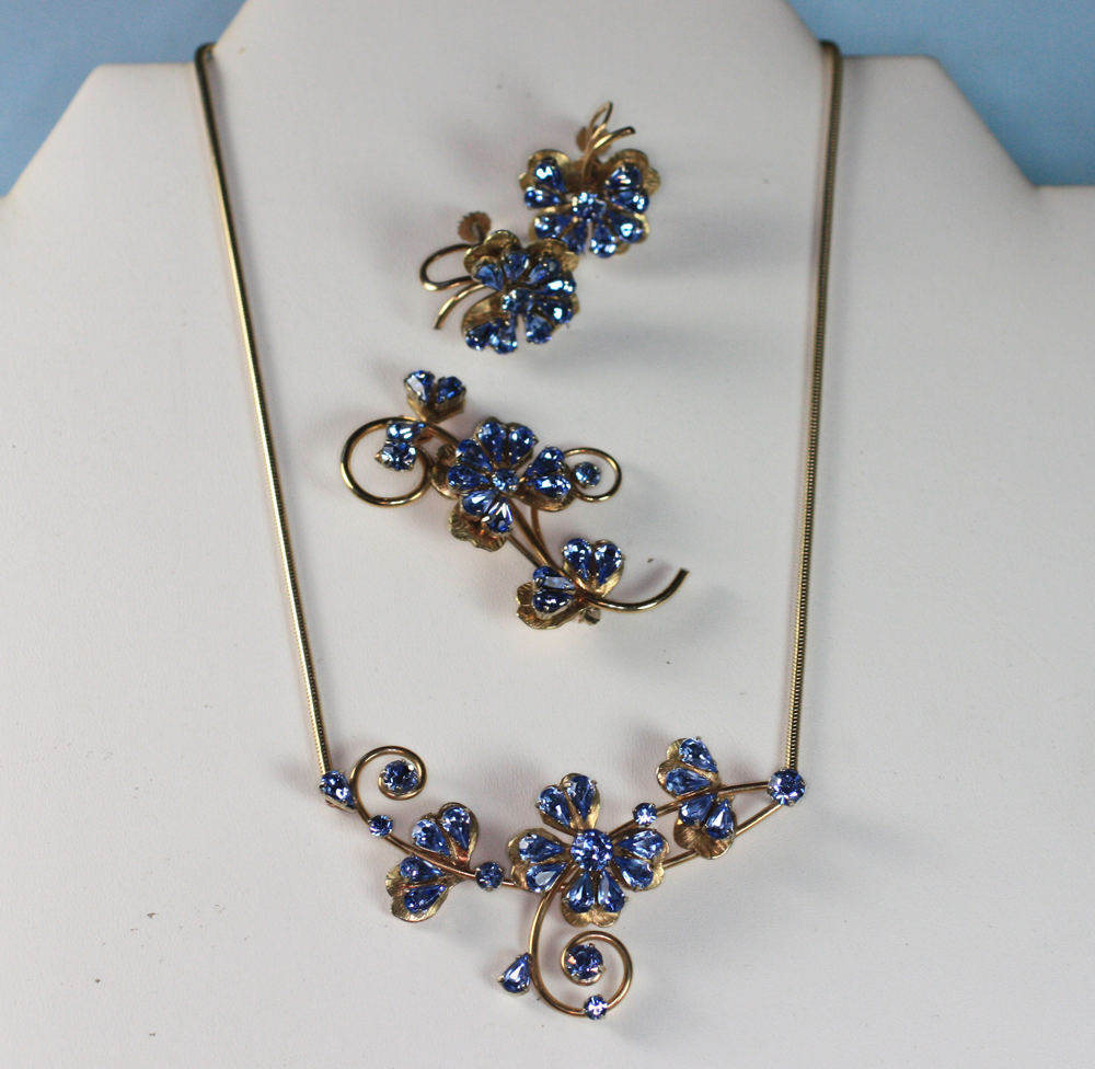 Blue Rhinestone Floral Design Parure Necklace Brooch Earrings Signed Krementz Blue Rhinestone Floral Design Parure Necklace Brooch Earrings Signed Krementz