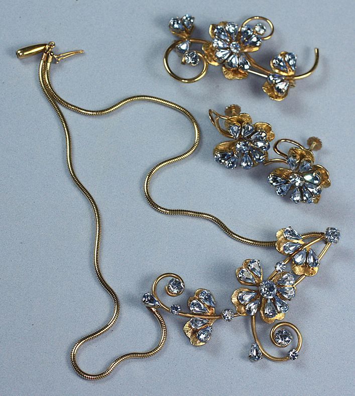 Blue Rhinestone Floral Design Parure Necklace Brooch Earrings Signed Krementz Blue Rhinestone Floral Design Parure Necklace Brooch Earrings Signed Krementz