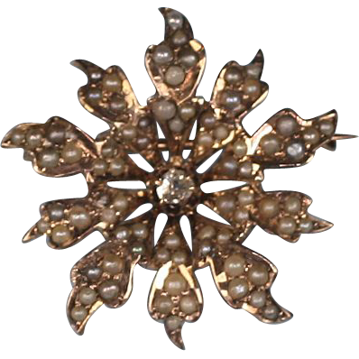 Victorian 10K Diamond and Seed Pearl Starburst Brooch Pin Victorian 10K Diamond and Seed Pearl Starburst Brooch Pin