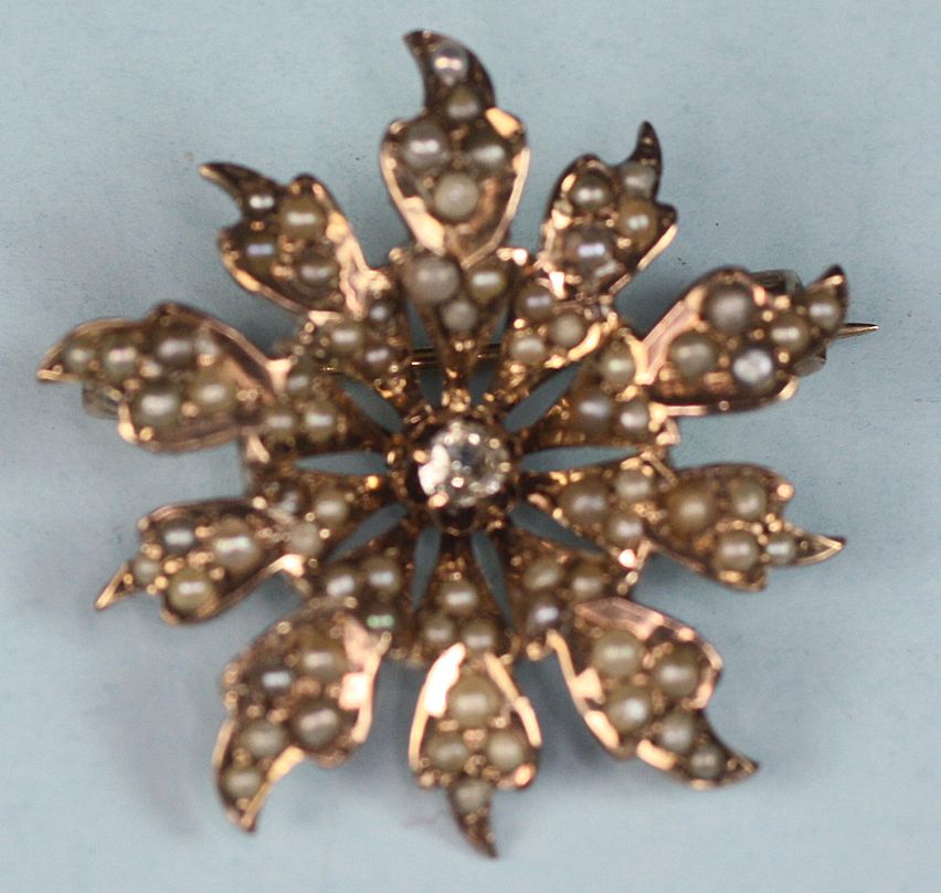 Victorian 10K Diamond and Seed Pearl Starburst Brooch Pin Victorian 10K Diamond and Seed Pearl Starburst Brooch Pin