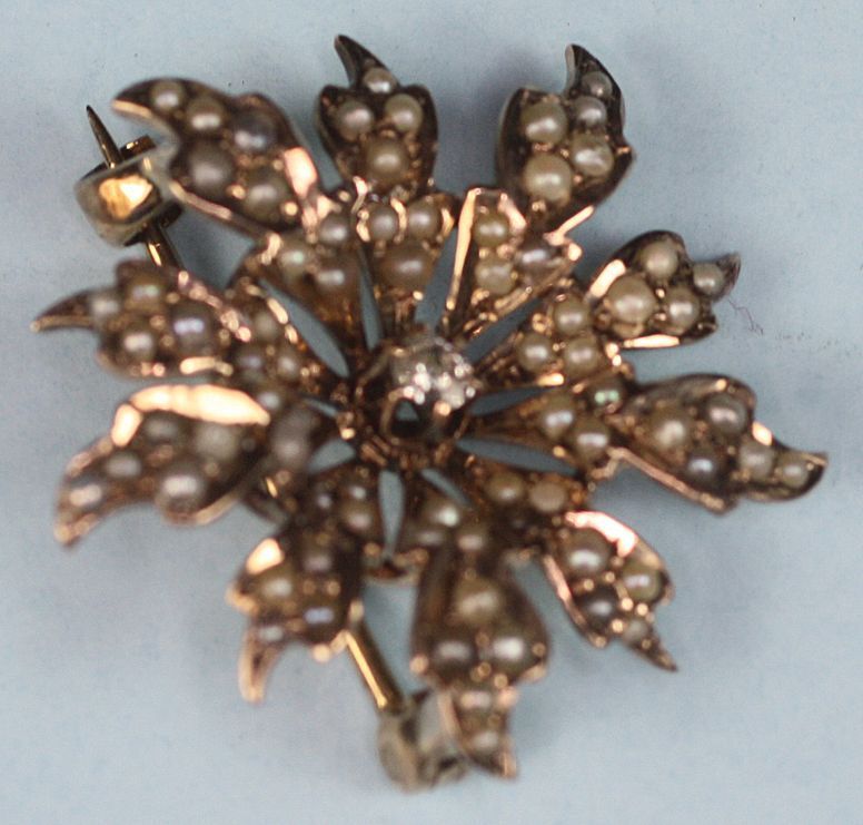 Victorian 10K Diamond and Seed Pearl Starburst Brooch Pin Victorian 10K Diamond and Seed Pearl Starburst Brooch Pin