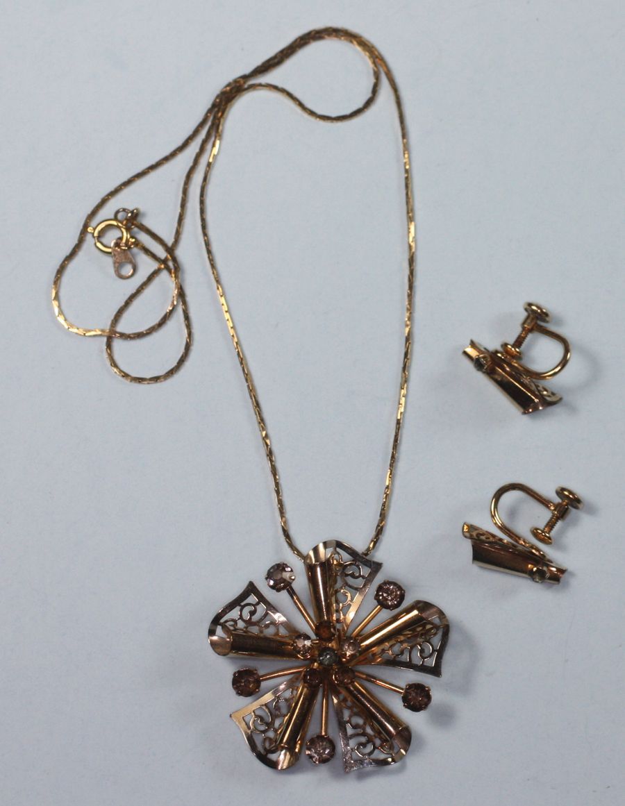 Gold Filled and Rhinestone Van Dell Brooch/Pendant and Earrings Gold Filled and Rhinestone Van Dell Brooch/Pendant and Earrings