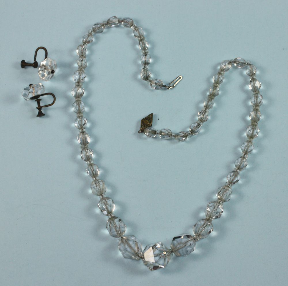 Art Deco Crystal Necklace and Earrings Faceted Crystal Screwback Earrings Art Deco Crystal Necklace and Earrings Faceted Crystal Screwback Earrings