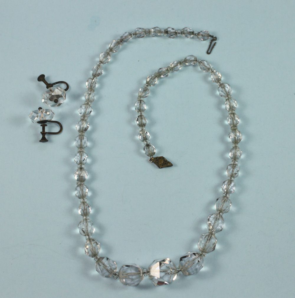 Art Deco Crystal Necklace and Earrings Faceted Crystal Screwback Earrings Art Deco Crystal Necklace and Earrings Faceted Crystal Screwback Earrings