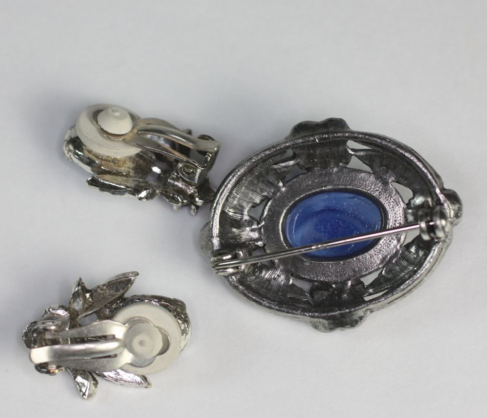 Blue Glass Moonstone Pin and Clip Earrings Miracle Jewelry Company Blue Glass Moonstone Pin and Clip Earrings Miracle Jewelry Company
