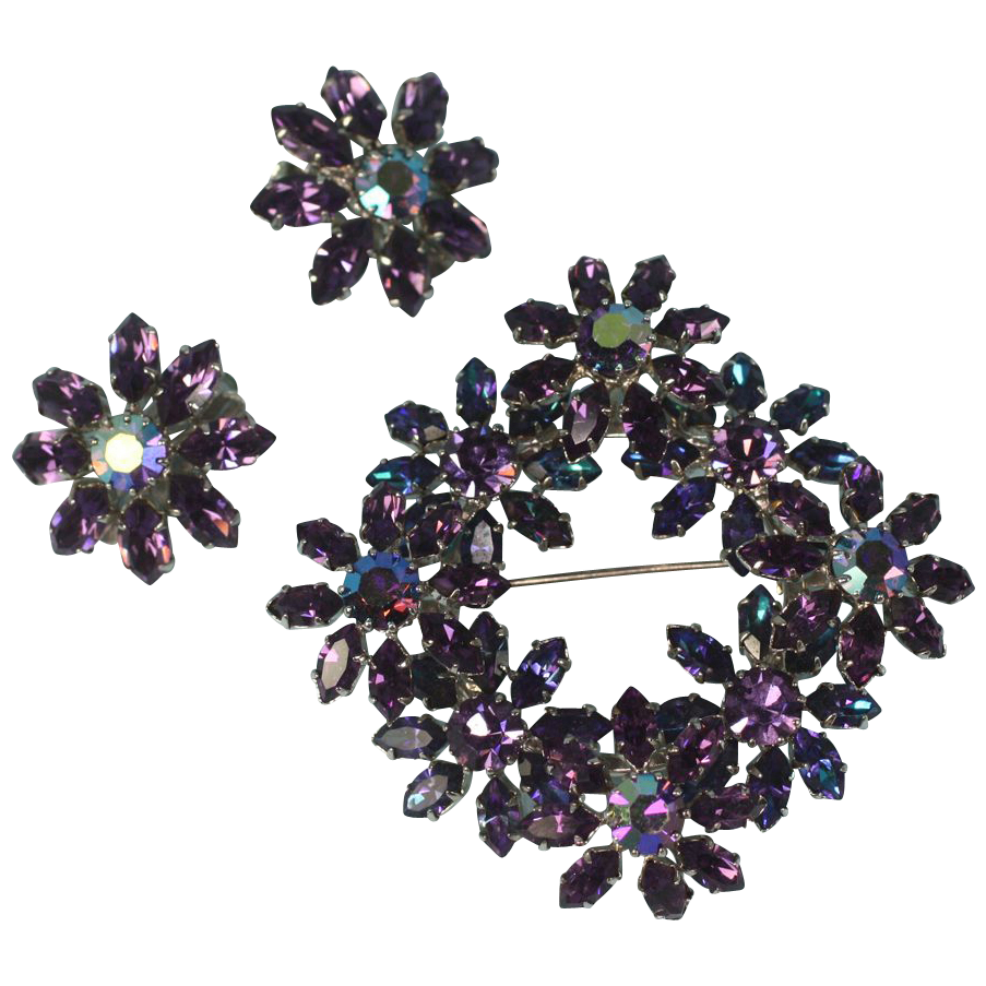 Purple and Blue Rhinestone Brooch and Earrings Signed Austria Purple and Blue Rhinestone Brooch and Earrings Signed Austria