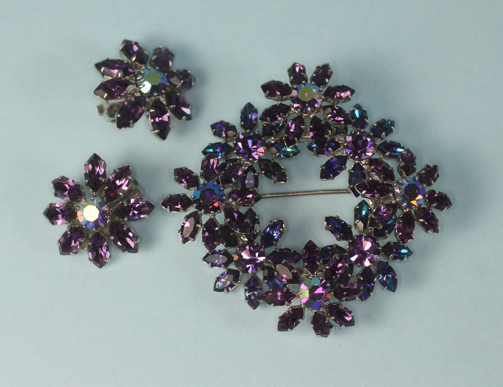 Purple and Blue Rhinestone Brooch and Earrings Signed Austria Purple and Blue Rhinestone Brooch and Earrings Signed Austria