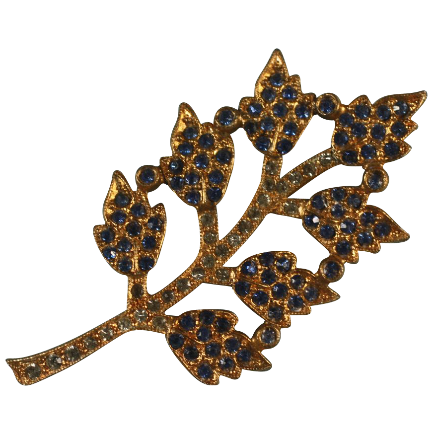Blue Rhinestone Gold Tone Leaf Brooch Pin Vintage Blue Rhinestone Gold Tone Leaf Brooch Pin Vintage