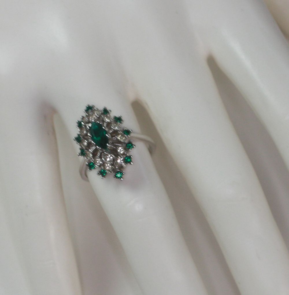 Emerald Green and Clear Crystal Ring 18K HGE Raised Setting Emerald Green and Clear Crystal Ring 18K HGE Raised Setting