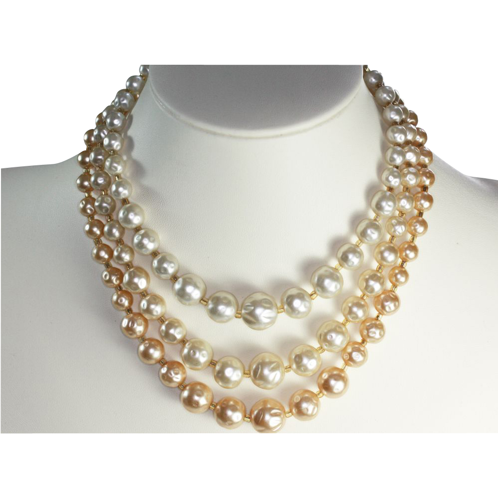 Vintage Simulated Baroque Pearl Three Strand Necklace Japan Vintage Simulated Baroque Pearl Three Strand Necklace Japan