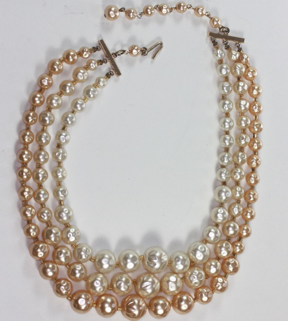 Vintage Simulated Baroque Pearl Three Strand Necklace Japan Vintage Simulated Baroque Pearl Three Strand Necklace Japan