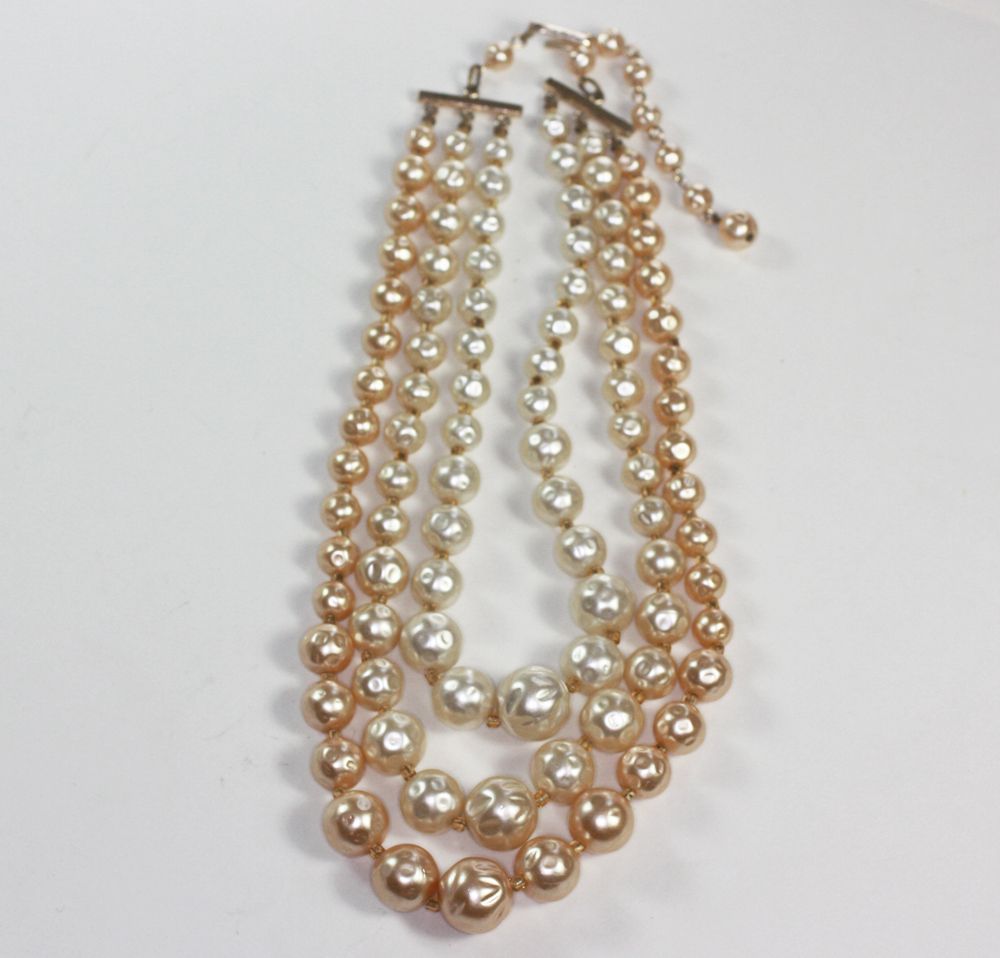 Vintage Simulated Baroque Pearl Three Strand Necklace Japan Vintage Simulated Baroque Pearl Three Strand Necklace Japan