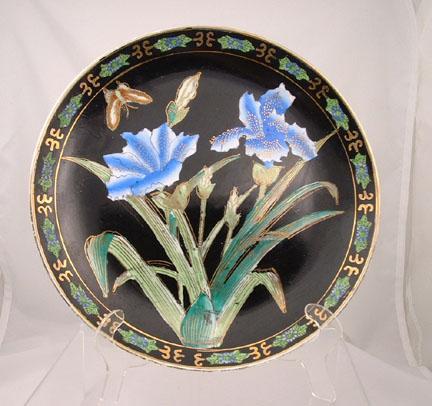 Porcelain Display Plate Asian Design Blue Flowers Butterfly Black Porcelain Display Plate Asian Design Blue Flowers Butterfly Black