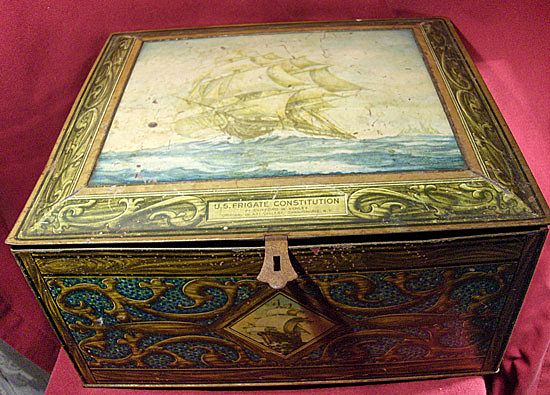 Large Biscuit Tin with U. S. Frigate Constitution in Full Sail Large Biscuit Tin with U. S. Frigate Constitution in Full Sail
