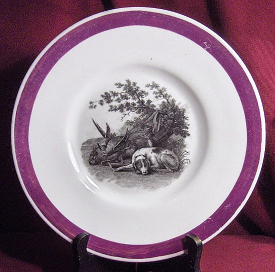 Early 19th Century Pink Luster Plate Sleeping Dog with Game Birds Early 19th Century Pink Luster Plate Sleeping Dog with Game Birds