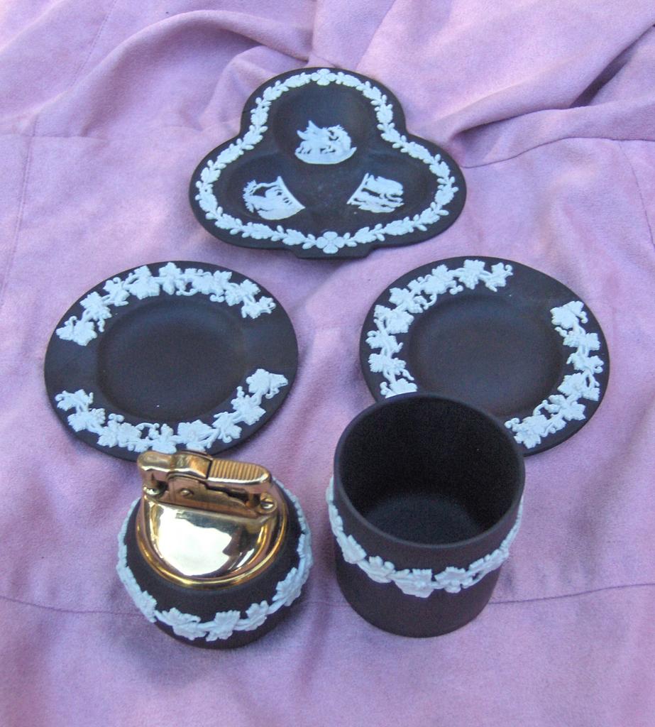 Black Wedgwood Cigarette Lighter, Holder, and Ashtray Set Black Wedgwood Cigarette Lighter, Holder, and Ashtray Set
