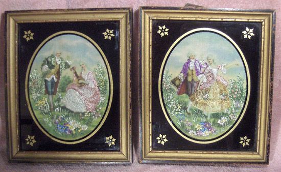 Pair of 1930's Needle Painted Prints Pair of 1930's Needle Painted Prints