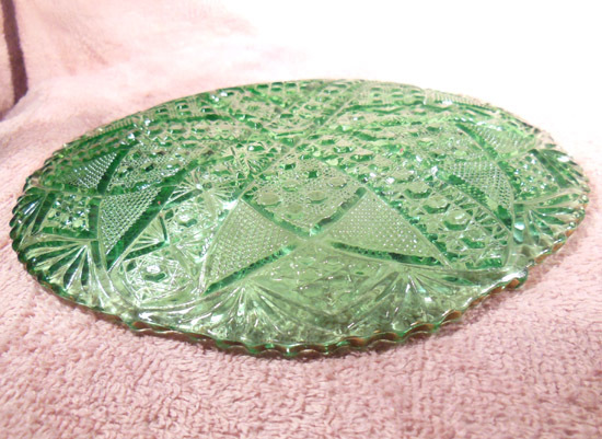 Green Early American Pattern Glass Plate Fans, Buttons, Arches Saw Tooth Edge Green Early American Pattern Glass Plate Fans, Buttons, Arches Saw Tooth Edge