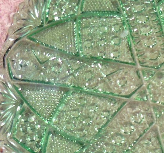 Green Early American Pattern Glass Plate Fans, Buttons, Arches Saw Tooth Edge Green Early American Pattern Glass Plate Fans, Buttons, Arches Saw Tooth Edge