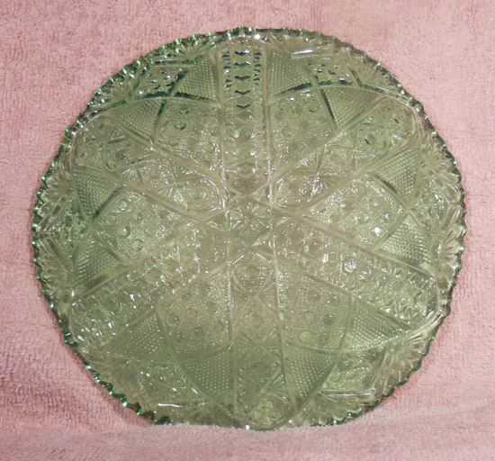 Green Early American Pattern Glass Plate Fans, Buttons, Arches Saw Tooth Edge Green Early American Pattern Glass Plate Fans, Buttons, Arches Saw Tooth Edge
