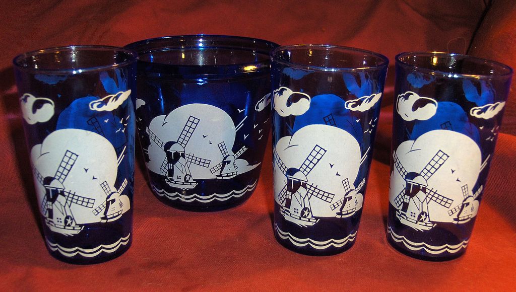 Hazel Atlas Glass Blue Windmill Ice Pail or Bucket and Three Glasses Hazel Atlas Glass Blue Windmill Ice Pail or Bucket and Three Glasses