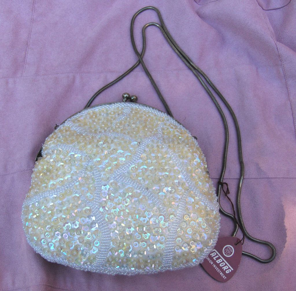 Walborg Gold Sequined and White Beaded Evening Shoulder Bag Walborg Gold Sequined and White Beaded Evening Shoulder Bag
