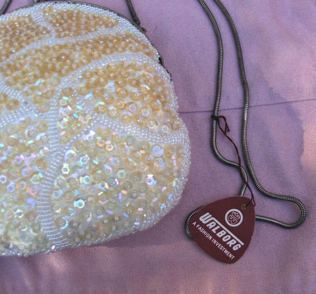 Walborg Gold Sequined and White Beaded Evening Shoulder Bag Walborg Gold Sequined and White Beaded Evening Shoulder Bag
