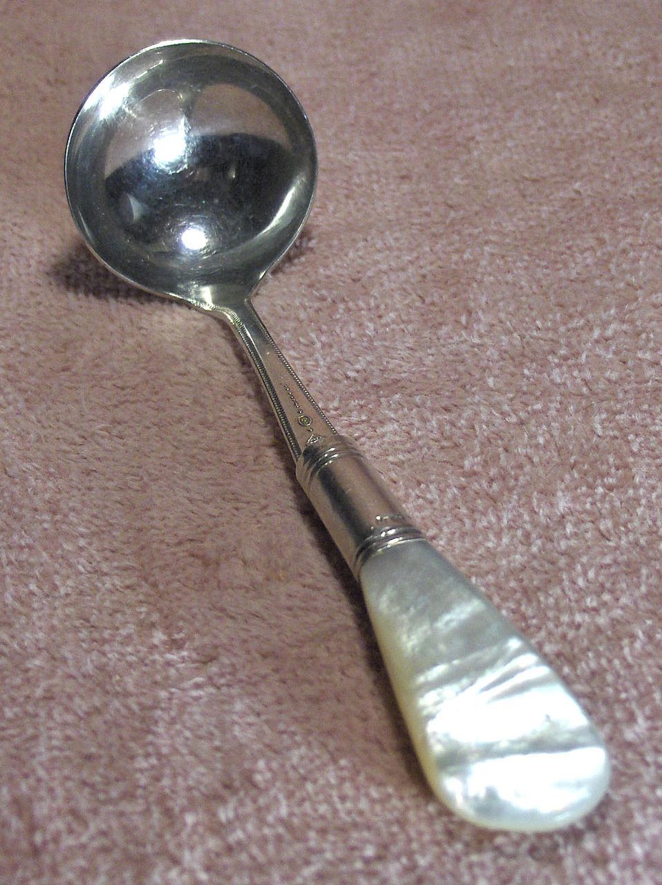 Antique Sterling Silver and Mother of Pearl Mayonnaise or Condiment Ladle Antique Sterling Silver and Mother of Pearl Mayonnaise or Condiment Ladle