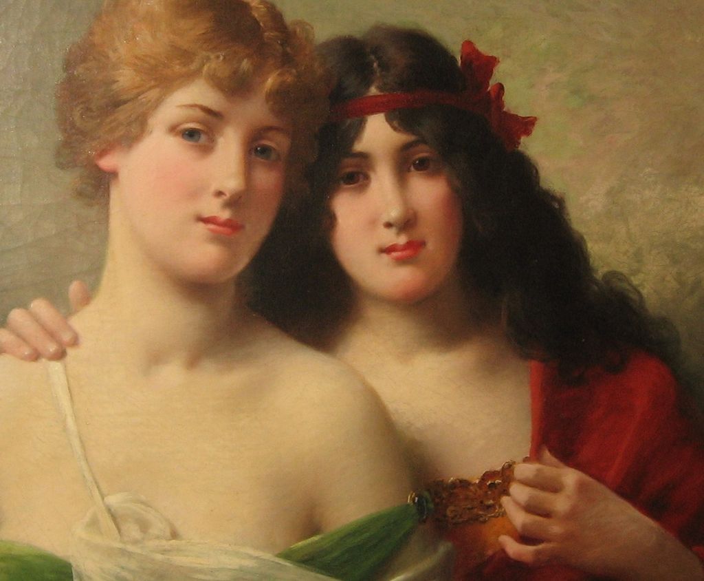 Oil on Canvas "Blonde and Brunette" by J. Ballavoine has Note from Artist Oil on Canvas "Blonde and Brunette" by J. Ballavoine has Note from Artist